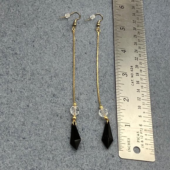 Long Dangle Pierced Earrings Gold Chain Faceted Crystal Black Diamond Drop - Picture 5 of 5
